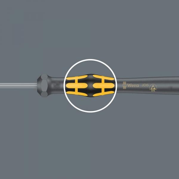 The image shows a screwdriver with a long, slender handle. The handle is black with yellow, rubber-like grip areas for better hold. At the end, there is a Phillips head tip.