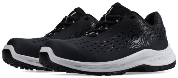 The image shows a pair of black shoes with a sporty design. The shoes have a perforated surface and a white, flexible sole. They appear modern and lightweight.
