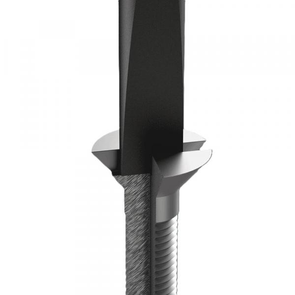 The image shows a metallic drill with a narrow, pointed blade. The drill has a spiral structure and a smooth, shiny surface.