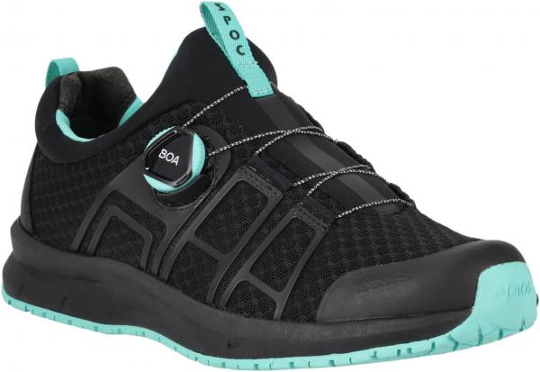 The shoe is sporty and black with mint green accents. It features a breathable upper, a quick lacing system, and a flexible sole for good grip.