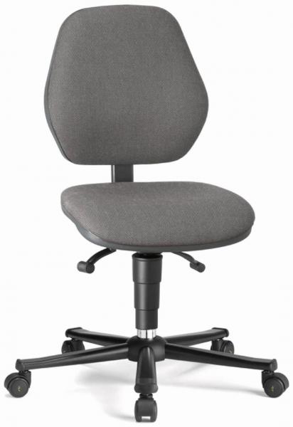 Das Bild zeigt einen ergonomischen Bürostuhl mit einem grauen Stoffbezug. Die Sitzfläche ist rundlich, die Rückenlehne hat eine leichte Neigung. Er steht auf einem fünfarmigen, rollbaren Fußgestell.