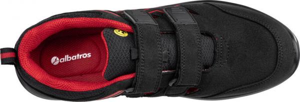 The shoe is predominantly black, with red accents inside. It has two wide Velcro straps and a padded insole for comfort. The logo "albatros" is visible.