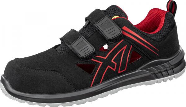 The shoe is black with red accents. It has two Velcro straps and a sporty look. The sole is non-slip, and the insole is red and breathable.
