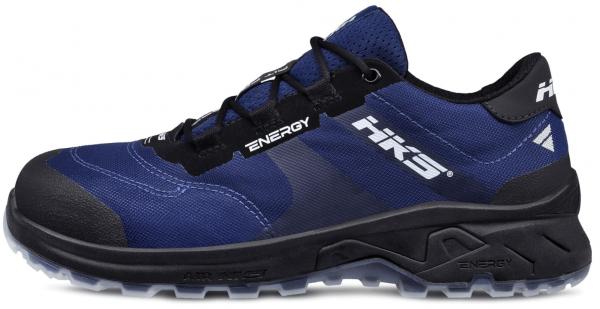 The shoe is sporty and navy blue with black accents. It has a textured sole for better grip, laces, and is versatile for outdoor activities.
