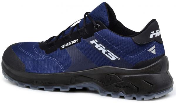 The shoe is a sporty, blue trail runner with reflective details and a sturdy, rubberized sole. It provides good grip and is suitable for uneven terrain.