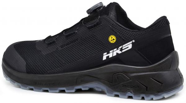 The image shows a black sports shoe with a breathable upper. It has a sturdy sole with good grip and a convenient quick-lacing mechanism.