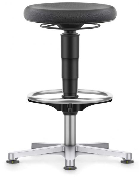 The image displays an adjustable bar stool with a round, black seat and a chrome foot ring. The base has five silver legs and is height-adjustable.