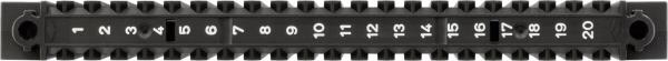 The image shows a black, elongated component with letters and numbers on one side. Along the edges are connection pins used for linking.