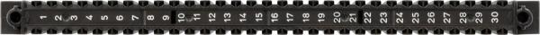 The image shows a long black power strip with 30 numbered metal pins. The pins are arranged in a row and have alternating round and elongated shapes.