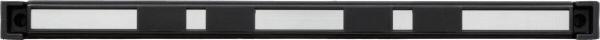 The image depicts a long, narrow plain. It has a black border with three short, white, rectangular sections in the middle. The surface appears smooth and clear.