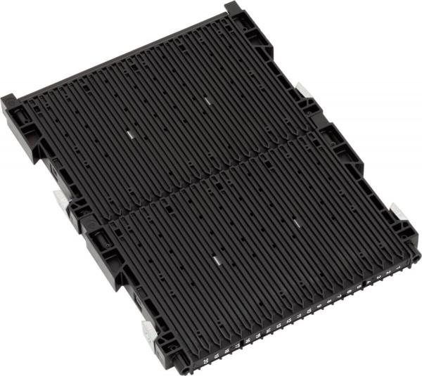 The image shows a black, rectangular plastic plate with many long, parallel grooves. It has small notches on the sides and appears sturdy and functional.