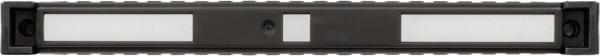 The image shows a black level, elongated and narrow. In the center are two transparent glass tubes that contain the bubbles for leveling.