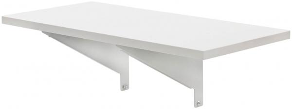 The image displays a simple, rectangular, white wall shelf. It is supported by two diagonally oriented brackets that are also white. The shelf has a smooth surface.