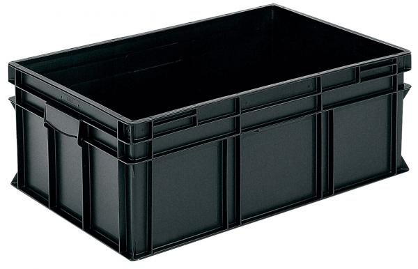 Das Bild zeigt eine rechteckige, schwarze Kunststoffbox ohne Deckel. Sie hat Griffe an den kurzen Seiten und ist stabil gebaut, ideal für die Lagerung von Gegenständen.