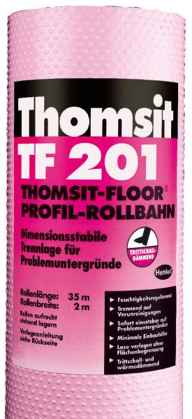 The image shows a pink roll with a non-slip surface. On it, in large letters, is "Thomsit TF 201". It is a profiled separation layer for floors that is stable and sound-insulating.