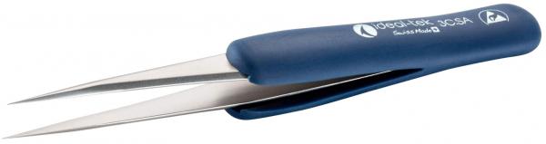 Das Bild zeigt eine lange, spitze Pinzette aus Edelstahl mit einem blauen, gummierten Griff. Die Zangen sind schmal und präzise gearbeitet, ideal zum Greifen kleiner Objekte.
