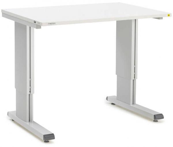 The table has a rectangular, white tabletop and silver, rectangular metal legs. The legs are height adjustable. The table appears modern and functional. Ideal for office or home office.