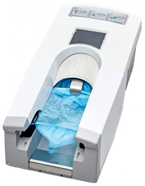 The image shows a white dispenser for disposable items, likely for sanitary papers. On the top side are buttons, beneath which is a compartment with blue wipes, partially visible.