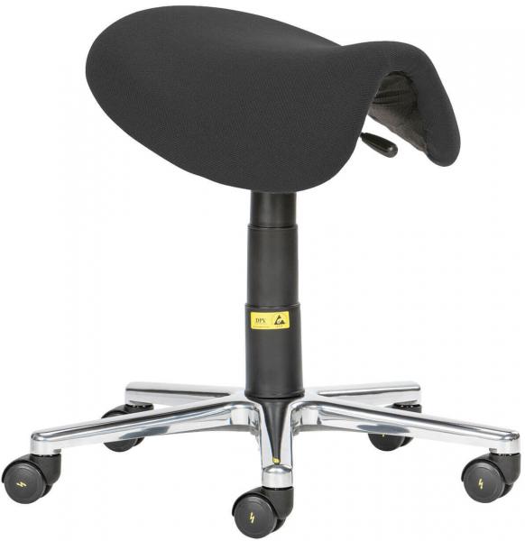 The chair has an oval, padded seat in black and an adjustable column. It stands on a five-spoke base with casters that provide mobility.