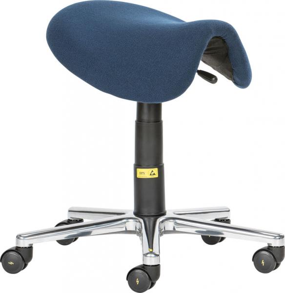 The chair has an ergonomic, oval seat in dark blue. It stands on an adjustable, black stand with a base of five casters, which allow for easy mobility.