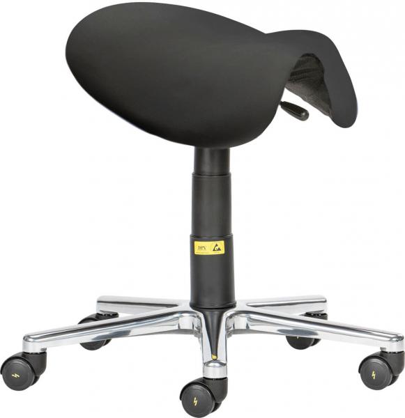 The chair has an oval, black seat without a backrest and is mounted on an adjustable, black column base. Five casters allow for easy movement. The base appears silver and shiny.