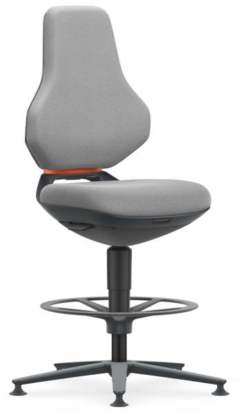The chair has a high backrest and a padded seat in light gray. It stands on a sturdy, swivel base and has a round footrest. An orange accent is visible.