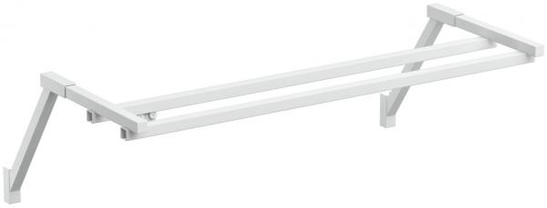 The image displays a simple frame made of white metal struts. It has a rectangular shape with two sturdy, slanted sides that serve as supports. Ideal for mounting on a wall.