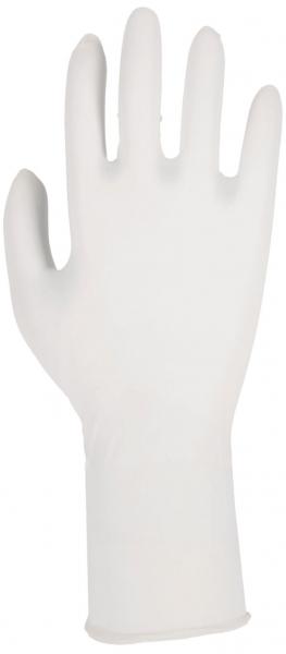 The image shows a white, latex-like glove laid out flat. It has five fingers and a straight cuff at the wrist. The surface appears smooth and shiny.