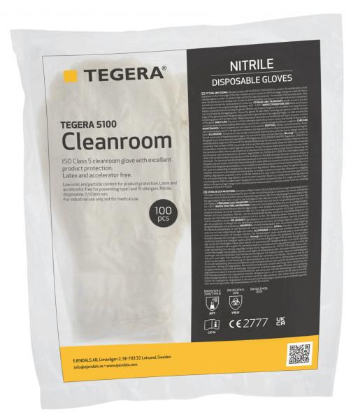 The image shows a transparent packaging with TEGERA brand nitrile gloves. It has information about the product, including size, quantity (100 pieces), and usage, printed on it.