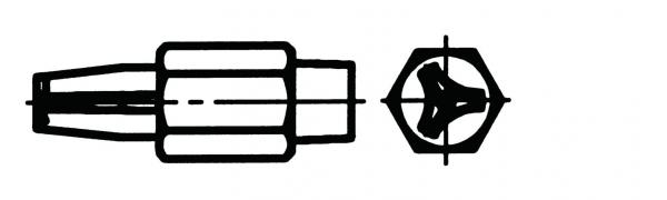 The image shows a black-and-white diagram of a tool. On the left is a cylindrical end with two narrow sections, on the right a hexagonal head with three notches in the shape of a Y.