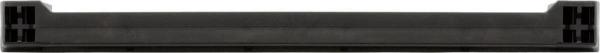 The image shows a black, rectangular object with rounded edges. It has small bumps or indentations at the ends. It appears sturdy and could be a part of a larger device.