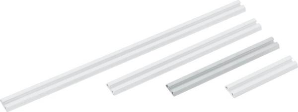 The image displays multiple elongated, rectangular aluminum profiles in various lengths and widths. They are smooth and shiny, with straight edges and a silver or white hue.