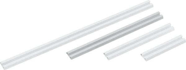 The image displays several elongated, straight aluminum profiles in various lengths. The surface is smooth and shiny, and the profiles are gray or silver-colored.