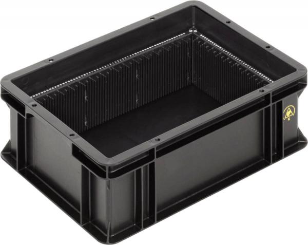Das Bild zeigt eine rechteckige, flache Kunststoffbox in Schwarz. Sie hat glatte Wände und eine gerillte Innenseite. Die Ecken sind abgerundet, und die Box hat eine stabile Form.
