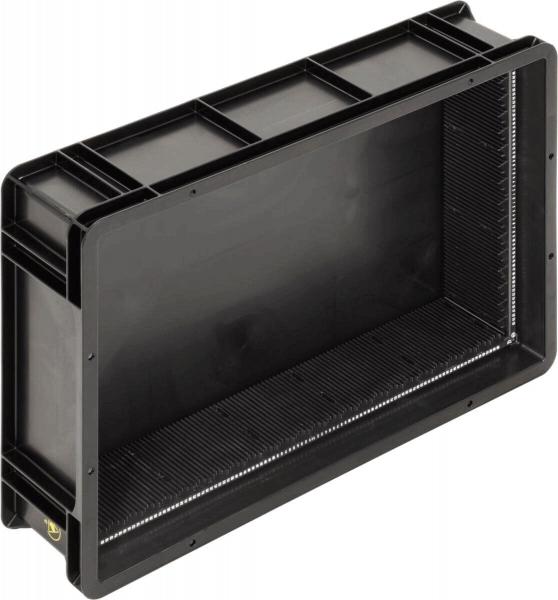 The image displays a rectangular, black plastic box. It has a flat bottom surface with fine grooves visible on the inside. The walls are sturdy and the corners are rounded.