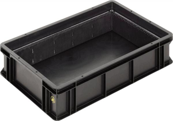 The image shows a rectangular, black plastic box without a lid. It has high walls and a smooth interior surface with vertical grooves on the sides. Ideal for storage or transport.