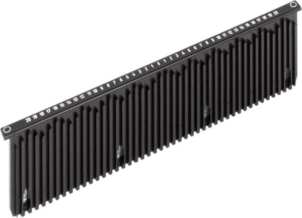 The image shows a long, narrow black plastic object with numerous longitudinal stripes. On one side, numbers from 1 to 20 are printed, representing a scale.