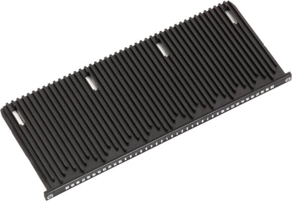 The image shows a rectangular object with many uniform, vertical grooves. It is black and has small metal parts on one side. It could be a component or a bracket.