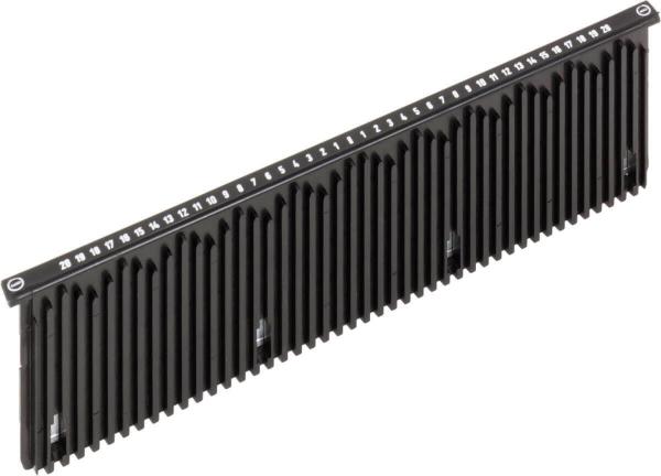 The image displays a black, rectangular switchboard carrier with vertical slats. On the top side, there are numerations from 1 to 28 arranged.