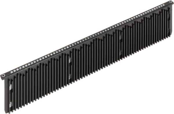 The image shows a long, narrow black comb with many fine teeth. Small numbers are printed at one end, numbering the teeth.