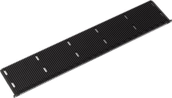 The image shows a long, narrow, black plastic strip with many fine grooves. It has several openings along the edges and is commonly used in technical devices.