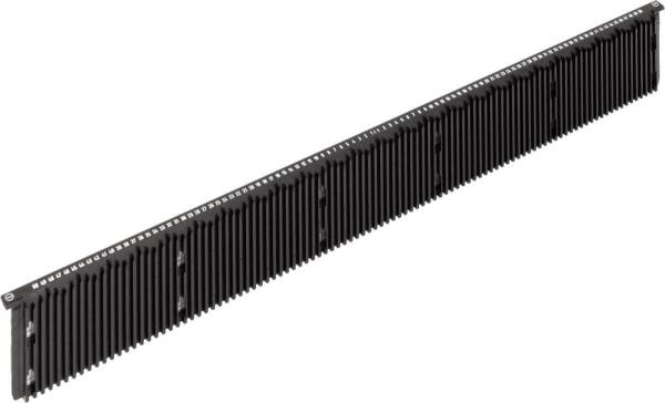 The image shows a long, black plastic strip with many narrow grooves. These grooves are evenly arranged and give the strip a striped appearance. The strip could be part of a technical device or accessory.