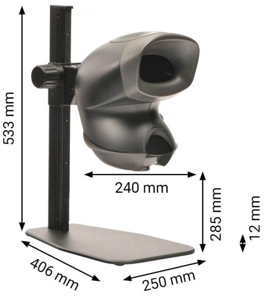 Das Bild zeigt ein Gerät mit einer großen, runden Öffnung vorne, das an einem stabilen Standfuß befestigt ist. Es hat eine schwarze Oberfläche und misst insgesamt etwa 53 cm in der Höhe.