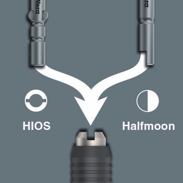 The image shows a schematic representation of two types of connectors, HIOS and Halfmoon, leading into a common socket. The connection lines are clear and illustrate the connection.