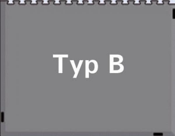 Das Bild zeigt einen grauen Hintergrund mit der Aufschrift "Typ B" in großer, weißer Schrift. Die obere Kante ist spiralförmig genietet.