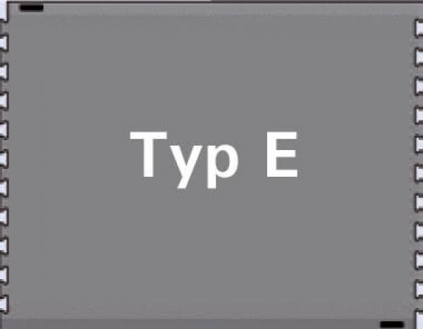 The image shows a gray rectangular background with the large white inscription "Type E" in the middle. On the sides, small notches or indentations can be seen.