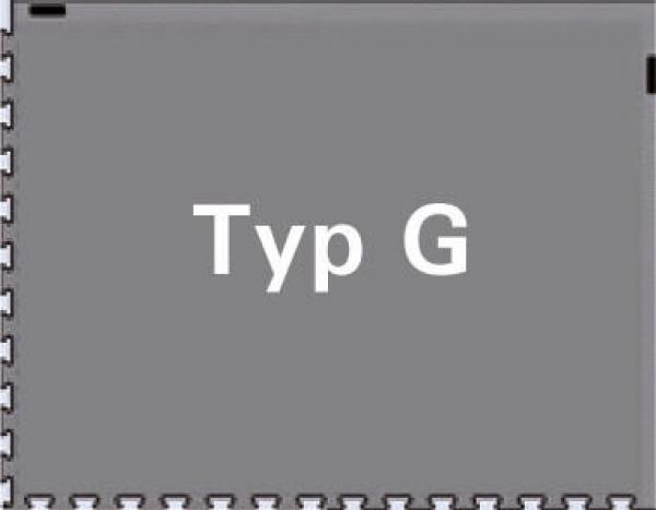 Das Bild zeigt eine graue Fläche mit der Aufschrift "Typ G" in großen, weißen Buchstaben. Der Rand ist mit einer gezackten Linie versehen. Es hat eine schlichte, neutrale Gestaltung.