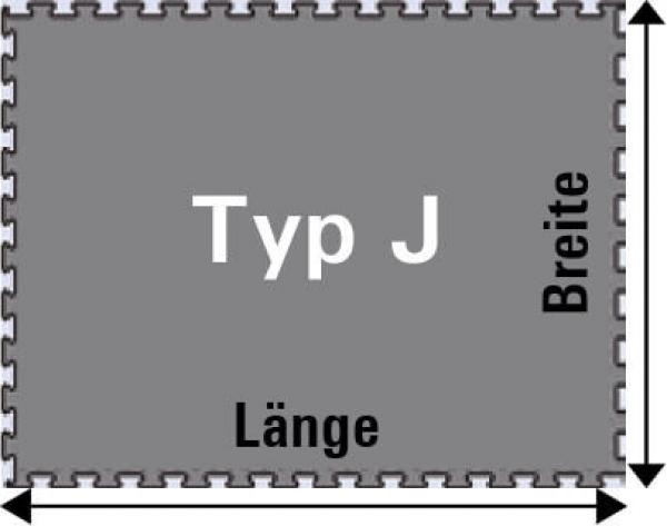 Das Bild zeigt ein rechteckiges graues Objekt mit abgerundeten Ecken. In der Mitte steht "Typ J". An den Seiten sind die Wörter "Länge" und "Breite" beschriftet.