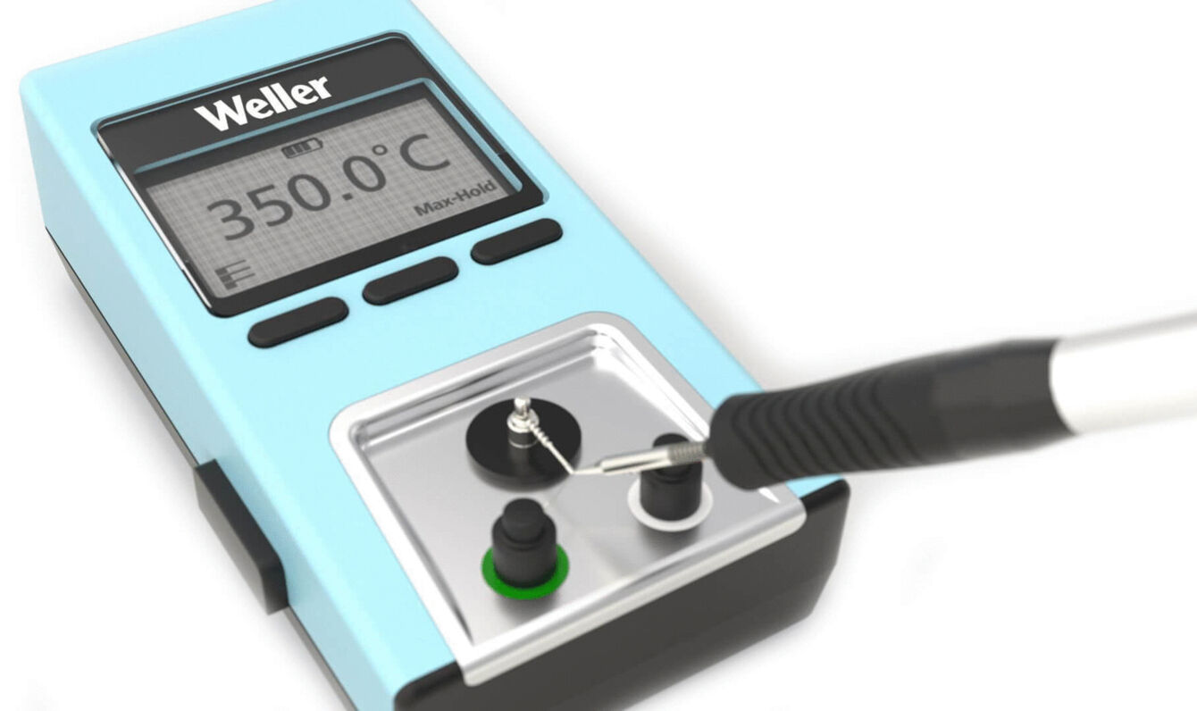 The image displays a digitally controlled thermometer in light blue with a large display showing the temperature of 350 °C. Next to it, there is a connection for a device.