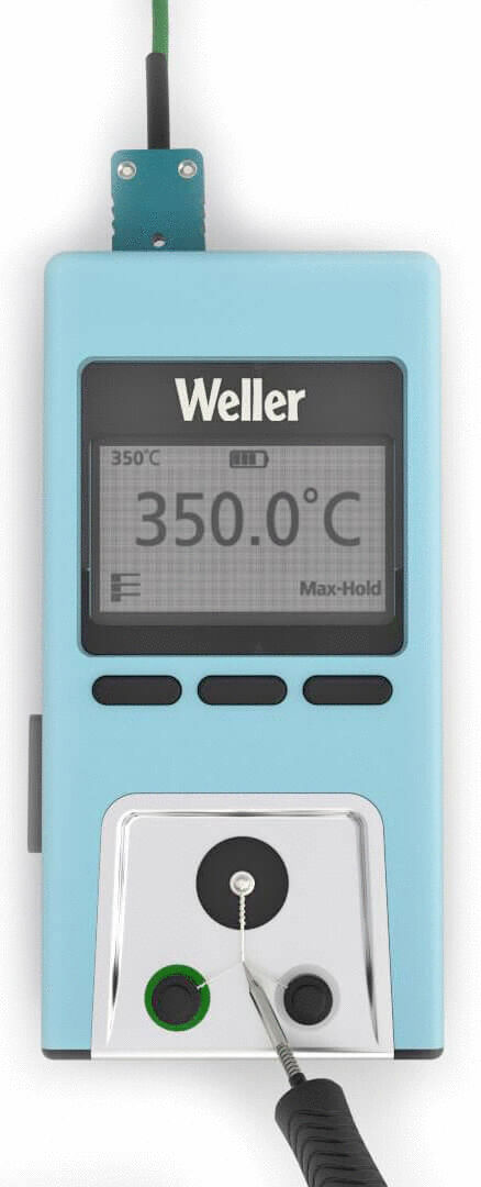 The image shows a digital thermometer from Weller. It has a blue casing with a large digital display that reads 350 °C. There is a connector on the side.